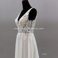 Sexy Illusion V Neck Flower Pattern Sleeveless Bride Gown Backless Wedding Dress White